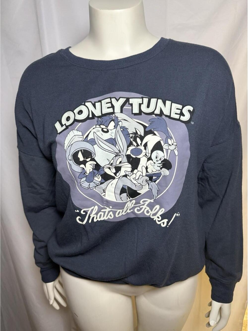 Looney Tunes Graphic Sweatshirt Size Large "That's All Folks" Blue Crewneck